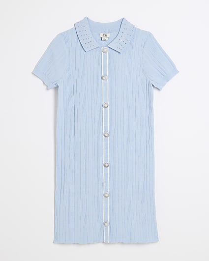 Girls Blue Diamante Collar Polo Dress