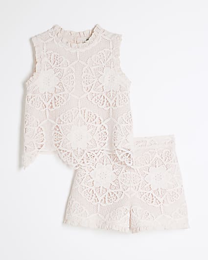 Girls Pink Lace Top And Shorts Set