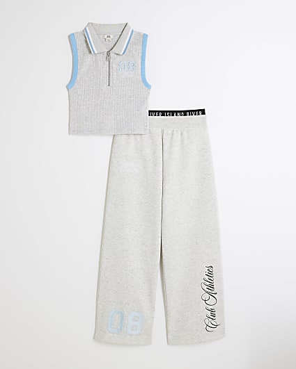 Girls Grey Graffiti Sleeveless Polo Shirt Set