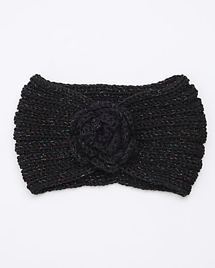 Black Knitted Sparkle Flower Headband