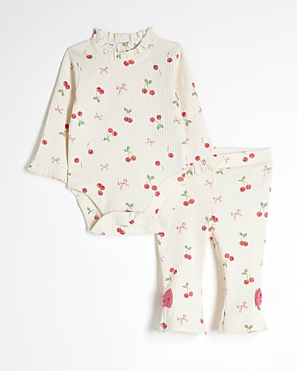 Baby Girls White Cherry Flared Trousers Set