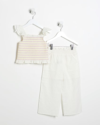 Mini Girls White Shirred Sleeveless Top Set