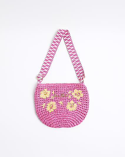 Girls Pink Floral Raffia Cross Body Bag