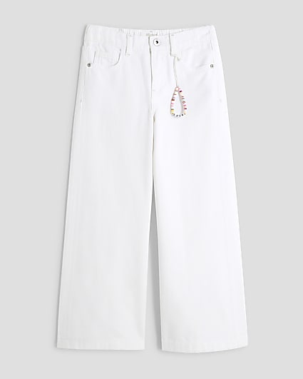 Girls White Denim Wide Leg Jeans