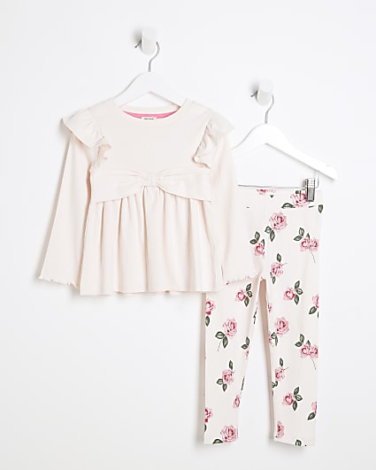 Mini Girls Pink Ribbed Rose Print Dress Set