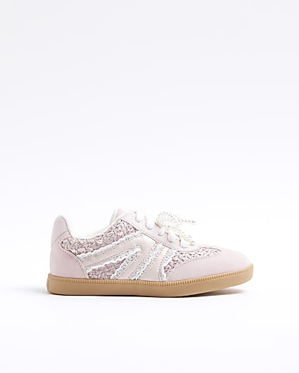 Girls Pink Raffia Pearl Trainers