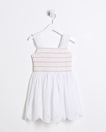 Mini Girls White Broidery Hem Skater Dress