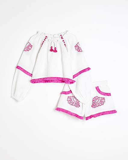 Girls White Embroidered Shorts Set