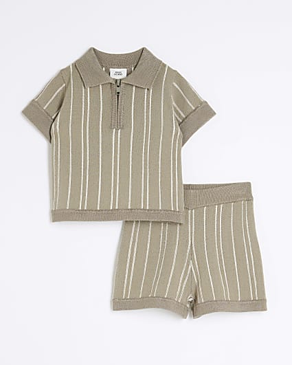 Baby Boys Khaki Knitted Stripe Polo Shirt Set