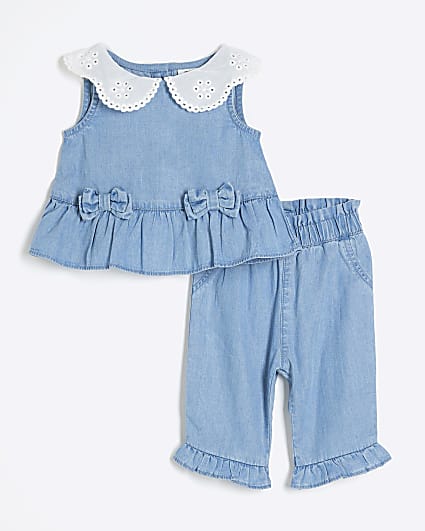 Baby Girls Blue Chambray Collar Blouse Set