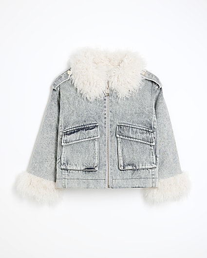 Girls Blue Faux Fur Trimmed Denim Jacket