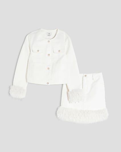 Girls White Denim Feather Set