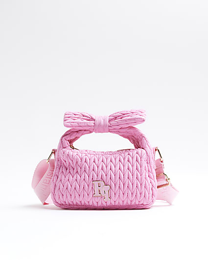 Girls Pink Nylon Weave Bow Shoulder Bag