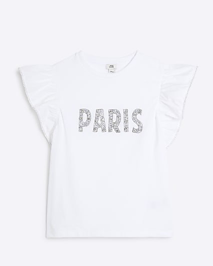 Girls White Paris Frill Sleeve T-Shirt