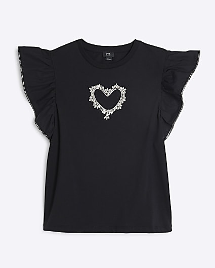 Girls Black Heart Frill Sleeve T-Shirt