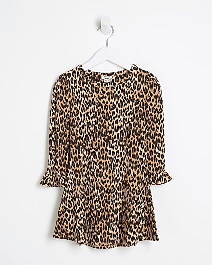 Mini Girls Brown Leopard Skater Dress