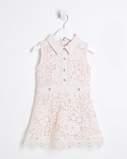 Mini Girls Pink Lace Collar Shirt Dress