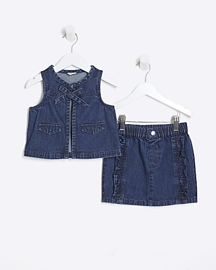 Mini Girls Blue Denim Gilet And Skirt Set