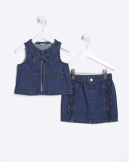 Mini Girls Blue Denim Gilet And Skirt Set