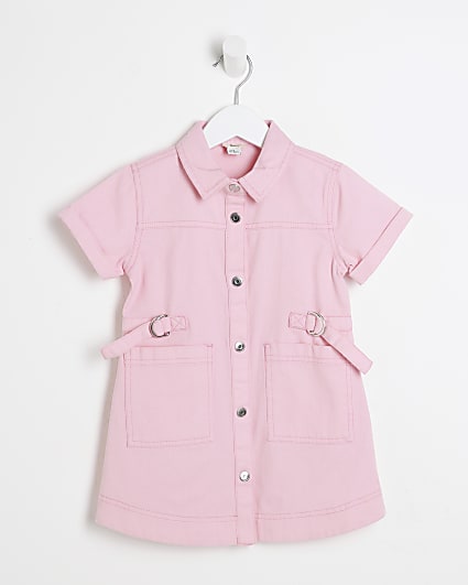 Mini Girls Pink Denim Twill Belted Dress