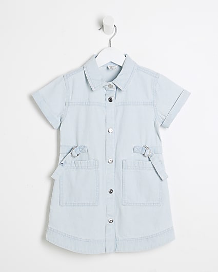 Mini Girls Blue Denim Twill Belted Dress