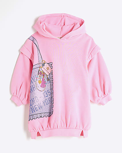 Mini Girls Pink Hooded Bag Sweatshirt Dress