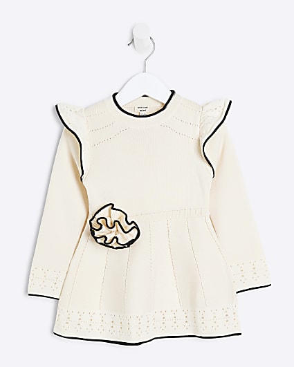 Mini Girls Cream Flower Corsage Knit Dress