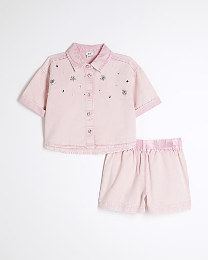 Girls Pink Cropped Shirt And Shorts Set