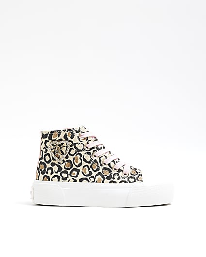 Girls Brown Canvas Leopard Hi Top Trainers