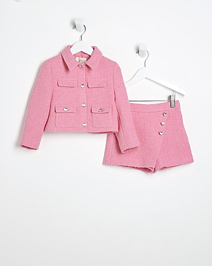 Mini Girls Pink Boucle Blazer Skirt Set