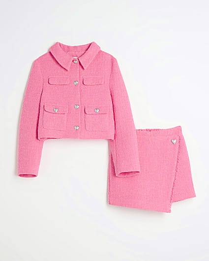 Girls Pink Boucle Blazer and Skirt Set