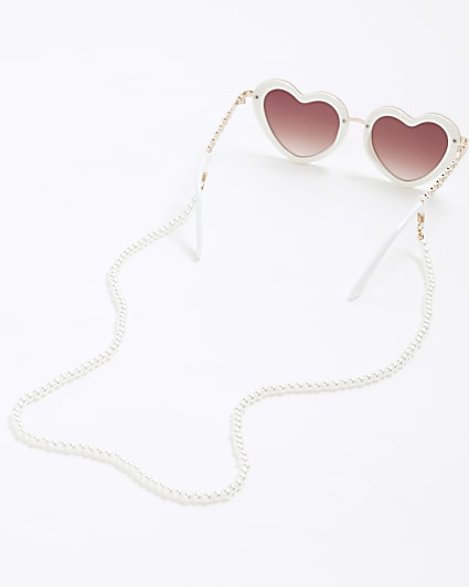 Girls White Heart & Pearl Chain Sunglasses