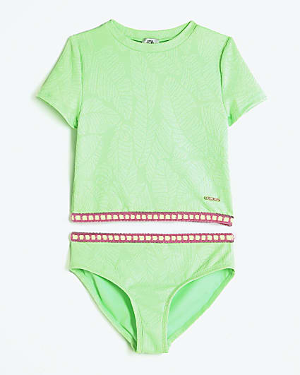 Girls Green Palm Textured T-Shirt Bikini Set