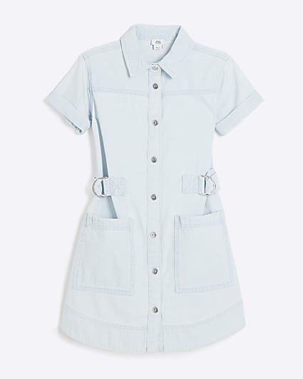 Girls Blue Cinched Waist Shirt Dress