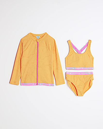 Girls Orange Long Sleeve Jacket Bikini Set