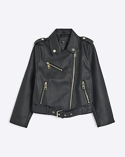 Girls Black Faux Leather Belted Biker Jacket