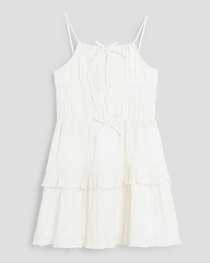 Girls White Tiered Mini Dress