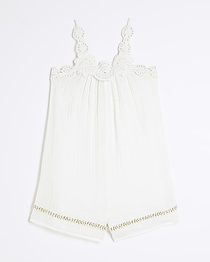Girls White Crochet Trim Beach Playsuit