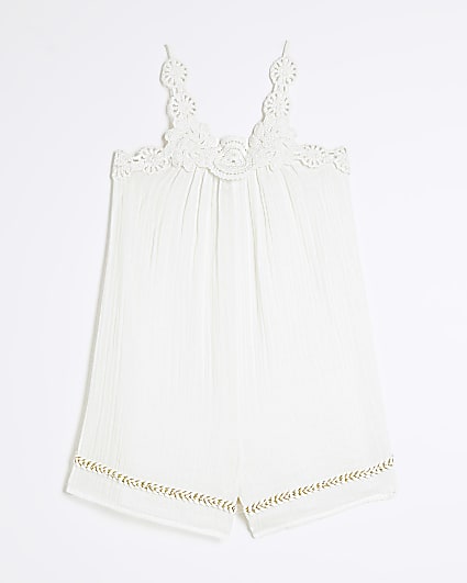 Girls White Crochet Trim Beach Playsuit