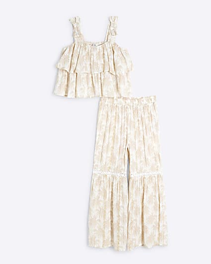 Girls Cream Palm Shimmer Trousers Set