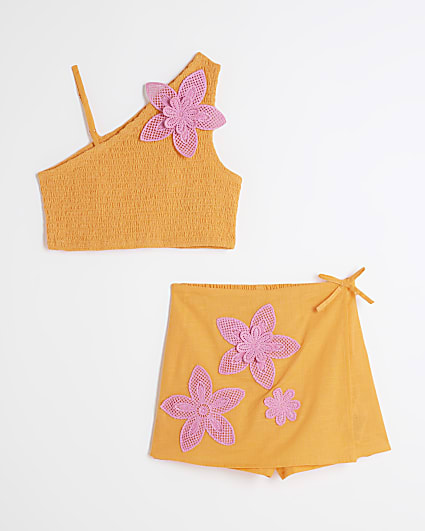 Girls Orange 3D Crochet Floral Skort Set