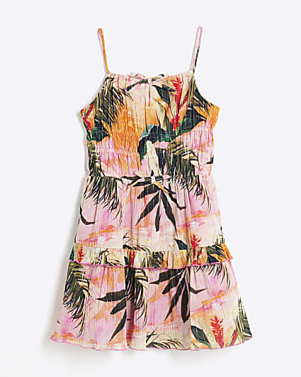 Girls Pink Floral Tiered Mini Beach Dress