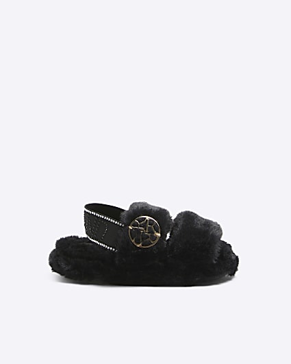 Mini girls Black faux fur slippers