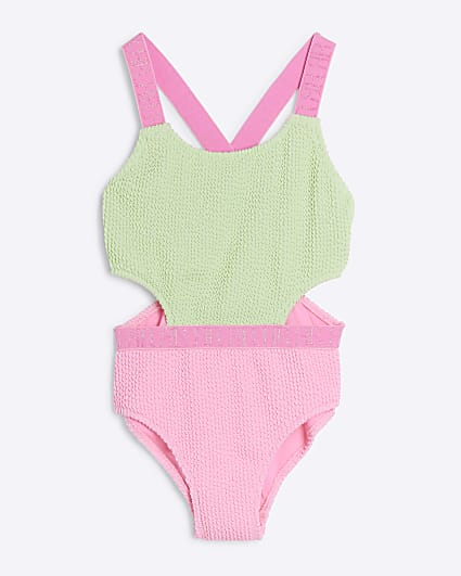 Girls Green Elastic Colour Block Swimsuit