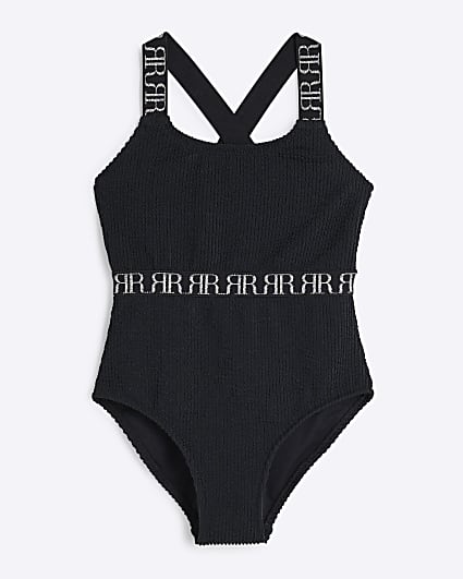 Girls Black Textured Cut Out Swimsuit