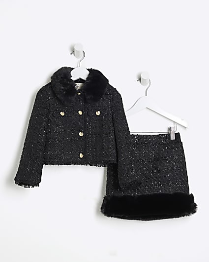 Mini Girls Black Boucle Military Jacket Set