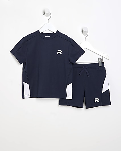 Mini Boys Navy Piped T-Shirt And Shorts Set