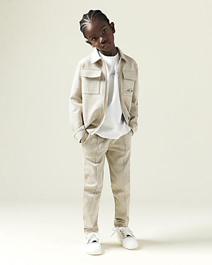 Boys Beige Textured Harrington Jacket Set