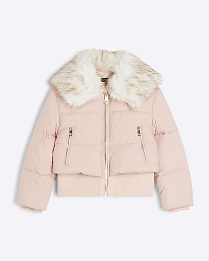 Girls Pink Short Padded Faux Fur Trim Coat