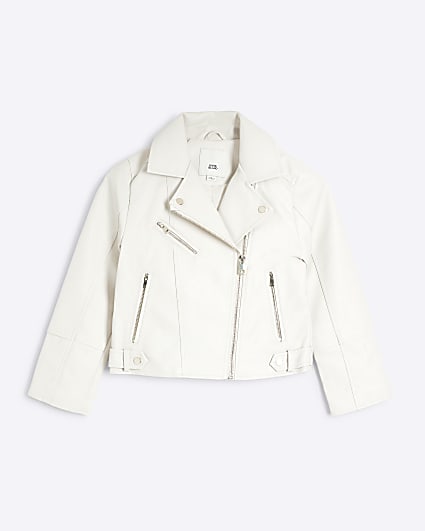 Girls Cream Faux Leather Biker Jacket